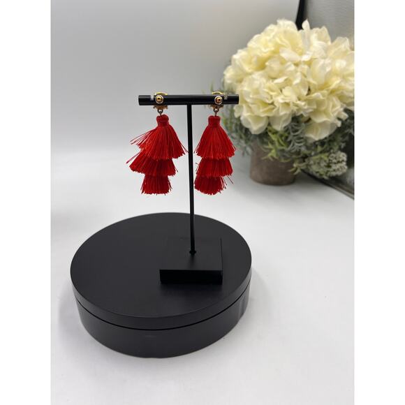 J. Crew Blue White Striped Three Tier Red Tassel Earrings - Picture 3 of 8